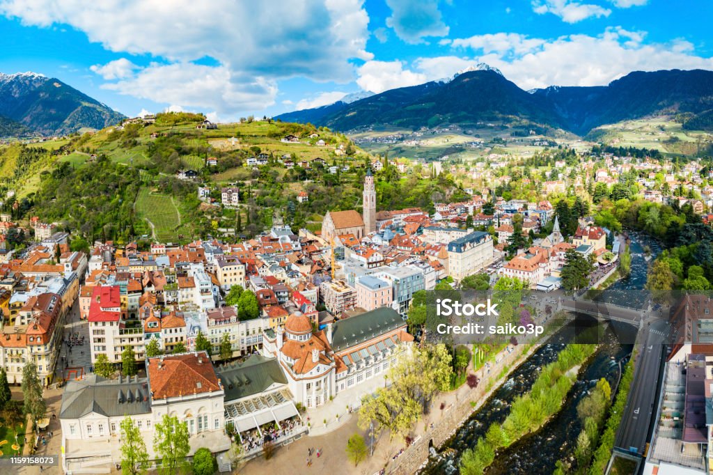 Merano or Meran, South Tyrol Merano city centre aerial panoramic view. Merano or Meran is a town in South Tyrol in northern Italy. Merano Stock Photo