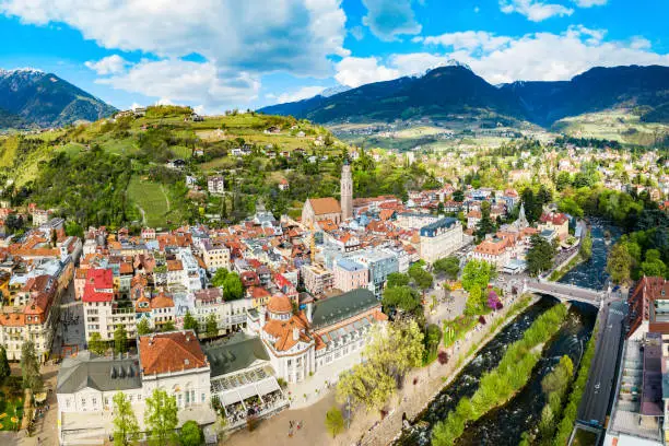 Merano city centre aerial panoramic view. Merano or Meran is a town in South Tyrol in northern Italy.