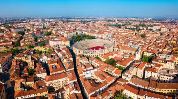 Verona Arena aerial panoramic view. Arena is a Roman amphitheatre in Piazza Bra square in Verona, Italy