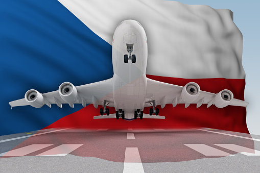 airplane taking off against the background of the flag Czech. 3d rendering