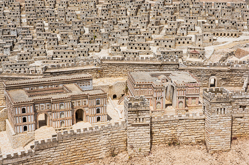 Aerial view of the Second Temple complex in ancient Jerusalem during the second temple period. Model of the ancient Jerusalem. Jerusalem, Israel