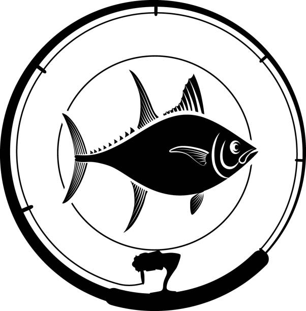 fishing fishing badge with tuna fish and fishing rod skipjack stock illustrations