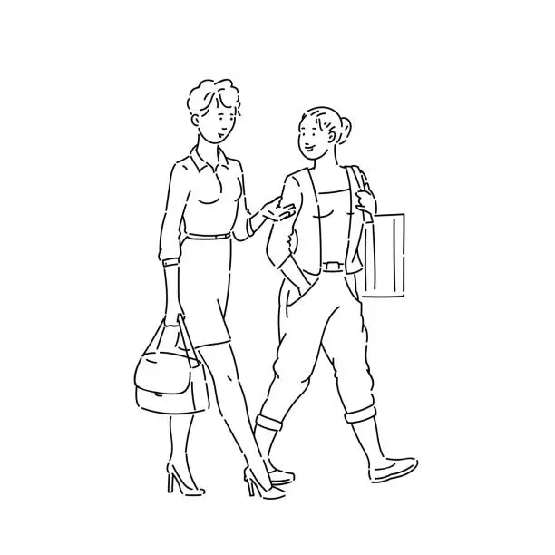 Vector illustration of Young woman walking down street and talking. Walk and chat two women friends in summer time vector line art black white isolated illustration.