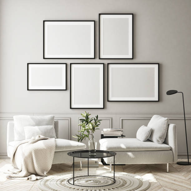 mock up poster frame in modern interior background, scandinavian style, 3D render