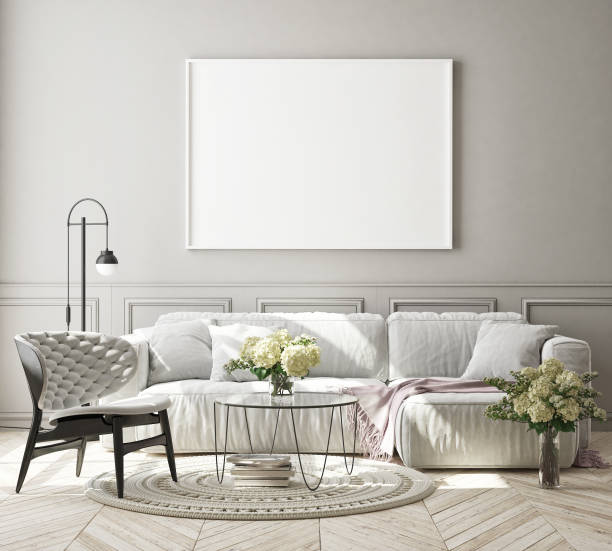 istock mock up poster frame in modern interior background, scandinavian style, 3D render 1159165400