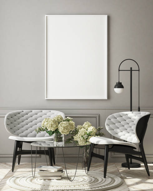 istock mock up poster frame in modern interior background, scandinavian style, 3D render 1159165401