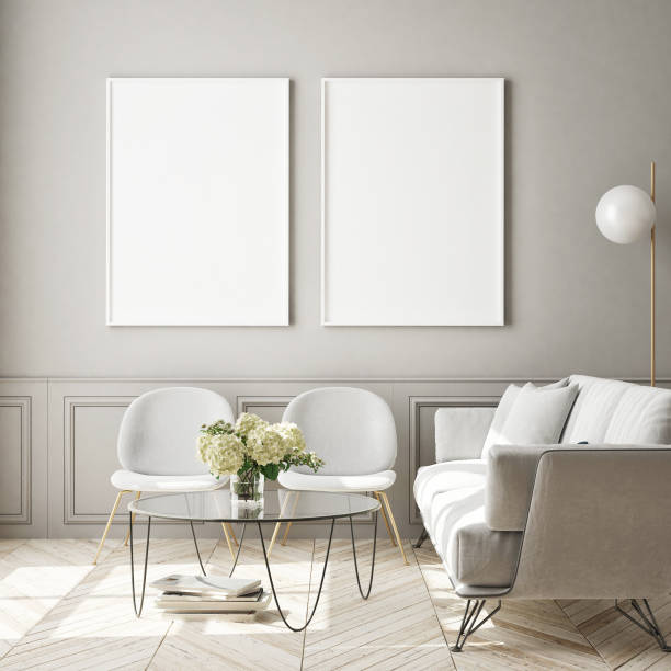 istock mock up poster frame in modern interior background, scandinavian style, 3D render 1159165403