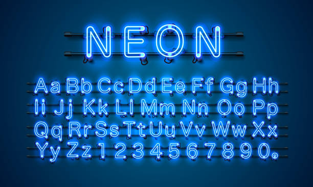 ilustrações, clipart, desenhos animados e ícones de fonte de néon da cor azul da cidade. sinal inglês do alfabeto e dos números. - sinal de neon