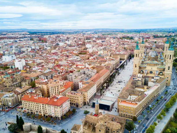 Cathedral Basilica of Our Lady of the Pillar aerial panoramic view, Zaragoza city in Aragon region of Spain