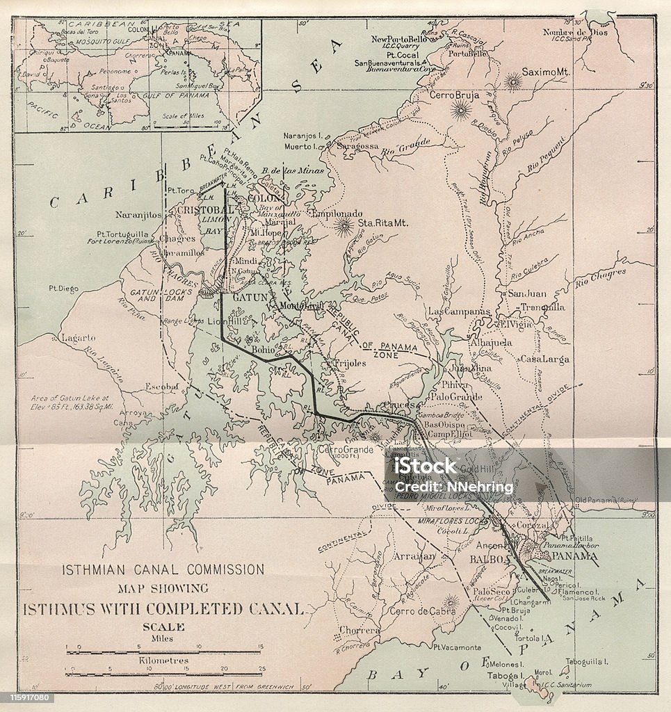 アンティークパナマ運河のマップ - パナマ運河のロイヤリティフリーストックイラストレーション