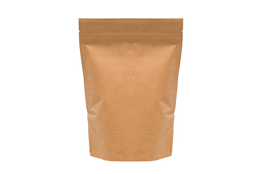 Brown paper bag isolated on white background with clipping path.Coffee packaging