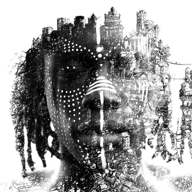Paintography. Double exposure close up portrait of dark skinned man with traditional style face paint dissolving behind hand made drawing of houses and a bridge