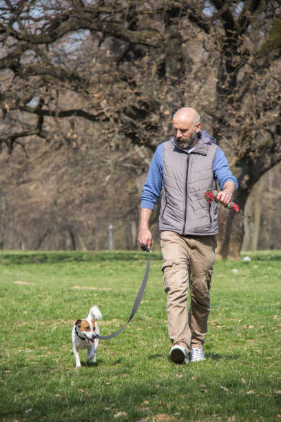 istock Man playing with his dog in a park during Spring time 1159175352