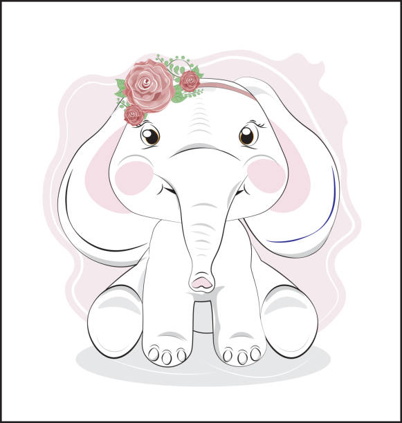elephant with flower the lovely drawn baby elephant calf,with flower rose , Happy birthday card sketches of elephants background stock illustrations