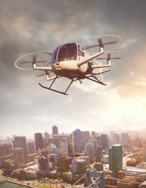 Drone flying over the city Futuristic drone flying over the city in sunset light ultralight photos stock pictures, royalty-free photos & images