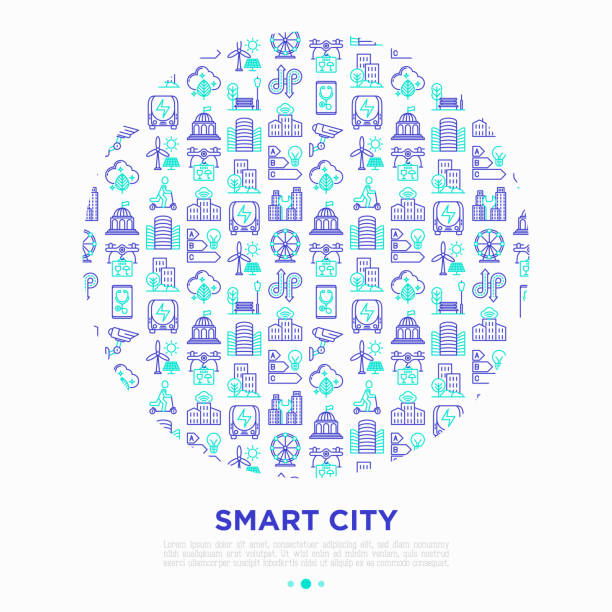 koncepcja inteligentnego miasta w kółku z cienkimi ikonami linii: inteligentny urbanizm, wydajna mobilność, zeroemisyjna, transport elektryczny, zrównoważony ruch, cctv. ilustracja wektorowa, szablon nośnika wydruku. - urbanity stock illustrations