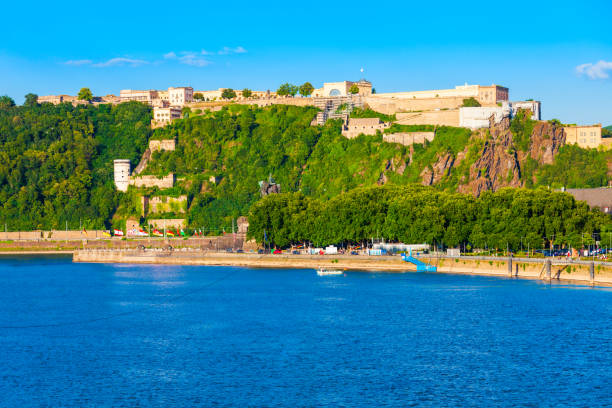 Ehrenbreitstein Fortress aerial panoramic view in Koblenz. Koblenz is city on Rhine, joined by Moselle river.