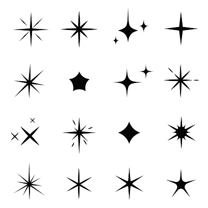 Sparkles icon set, black glowing effect decoration. Stars shine brightly with flashes of light. Vector flat style cartoon illustration isolated on white background