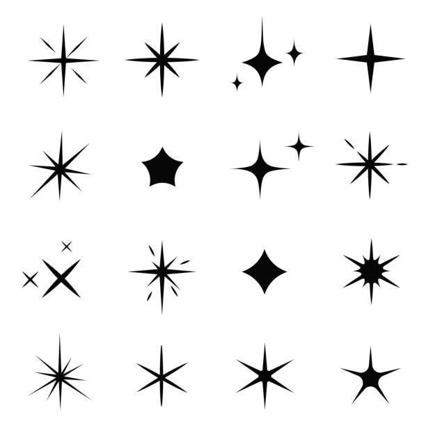 Sparkles icon set, black glowing effect decoration Sparkles icon set, black glowing effect decoration. Stars shine brightly with flashes of light. Vector flat style cartoon illustration isolated on white background glitter illustrations stock illustrations