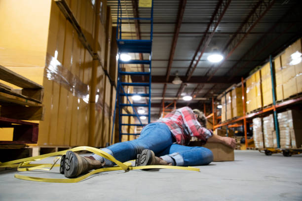 istock Industrial workplace safety.  A female warehouse worker fallen after tripping on strapping. 1159186295