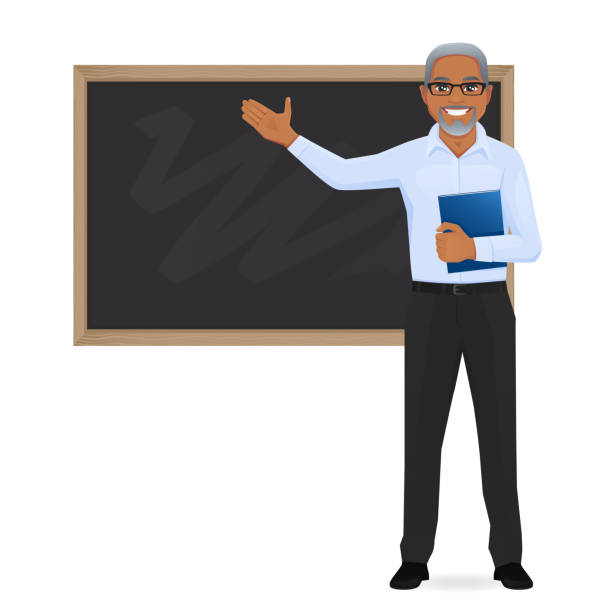 Teacher at blackboard Male mature teacher at blackboard with copy space showing vector illustration teacher clipart stock illustrations