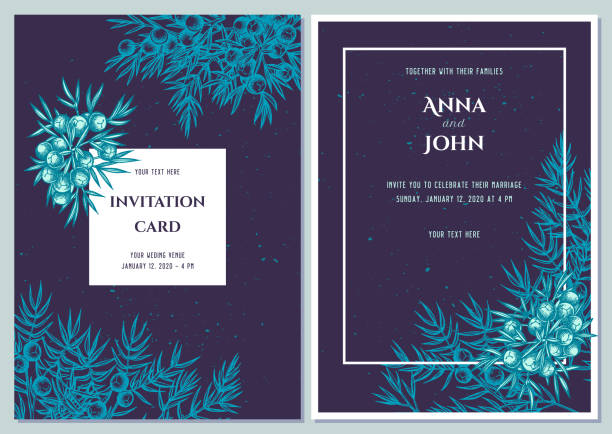 Wedding invitation card with blue juniper Wedding invitation card with blue juniper stock illustration Gin stock illustrations