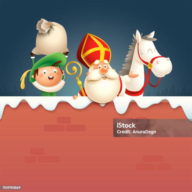 Saint Nicolas Ou Cheval De Sinterklaas Et Aide Zwarte Piet À Bord Les Caractères Mignons Heureux Célèbrent Des Vacances Hollandaises Sur Le Mur Dhiver Illustration De Vecteur Vecteurs libres de droits et plus d'images vectorielles de Sinterklaas