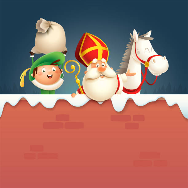 ilustrações de stock, clip art, desenhos animados e ícones de saint nicholas or sinterklaas horse and helper zwarte piet on board - happy cute characters celebrate dutch holiday on winter wall - vector illustration - piet