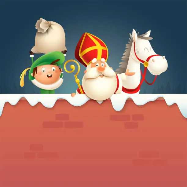 Vector illustration of Saint Nicholas or Sinterklaas horse and helper Zwarte Piet on board - happy cute characters celebrate Dutch holiday on winter wall - vector illustration