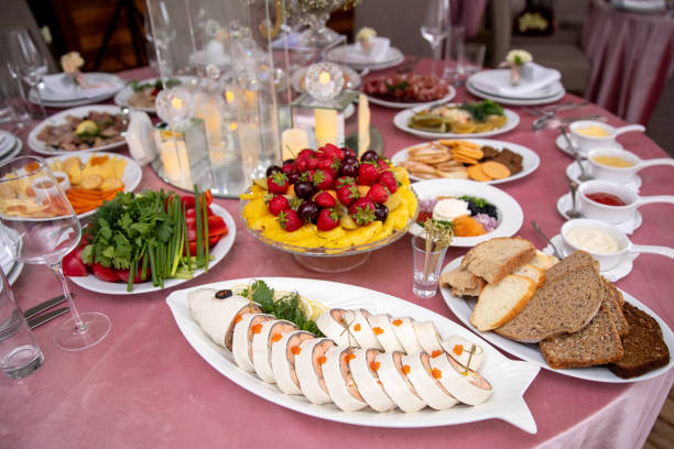 istock Appetizers on skewers, desserts. fruit smoothie. Salads. Snacks. Buffet. 1159191753
