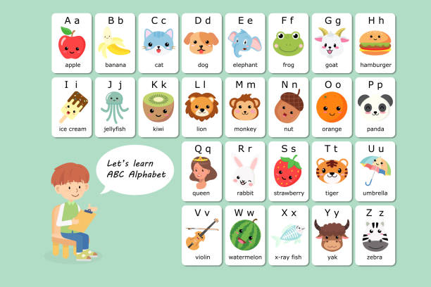 ilustrações de stock, clip art, desenhos animados e ícones de kawaii english vocabulary and alphabet flash card vector for kids to help learning and education in kindergarten children. words of letter abc to z ,each card isolated on white background. - dictionary alphabet letter text