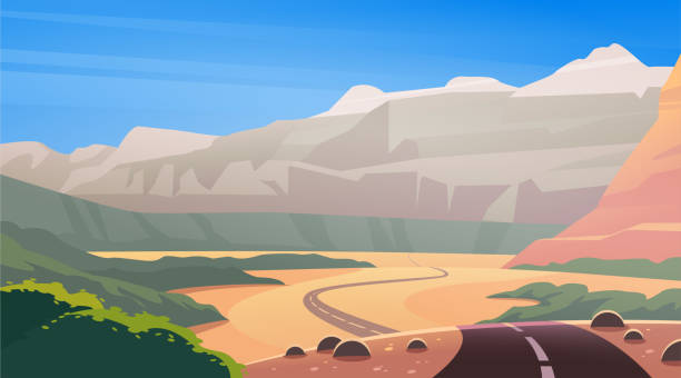 illustrazioni stock, clip art, cartoni animati e icone di tendenza di vector piatto paesaggio illustrazione del deserto selvaggio ovest & montagna canyon vista natura con cielo blu pulito. - western usa