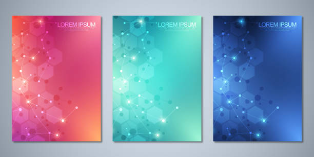 Vector template brochures or cover design, book, flyer, with molecules background and neural network. Abstract geometric background of connected lines and dots. Science and technology concept. Vector template brochures or cover design, book, flyer, with molecules background and neural network. Abstract geometric background of connected lines and dots. Science and technology concept medicine drawings stock illustrations