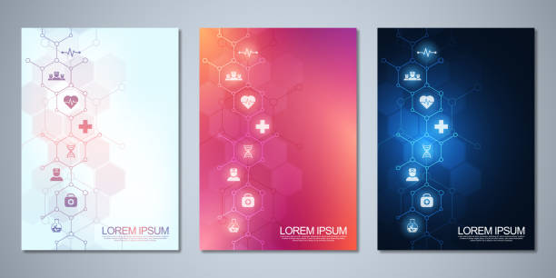 Template brochure or cover design, book, flyer, with medical icons and symbols. Healthcare, science and medicine technology concept. Template brochure or cover design, book, flyer, with medical icons and symbols. Healthcare, science and medicine technology concept modern magazine layout stock illustrations
