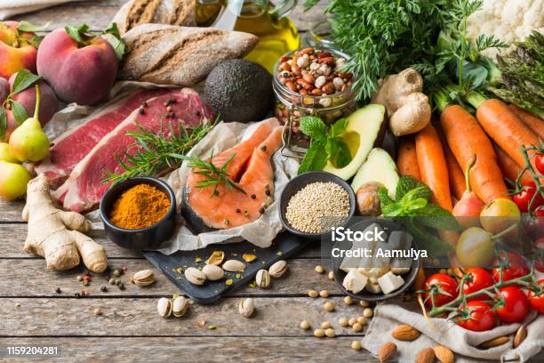 Gezond Voedsel Voor Evenwichtig Flexitarisch Mediterraan Dieet Concept Stockfoto en meer beelden van Gezonde voeding