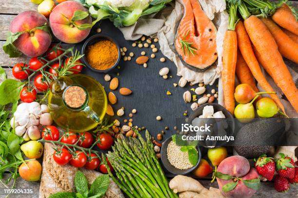 Healthy Food For Balanced Flexitarian Mediterranean Diet Concept Stock Photo - Download Image Now