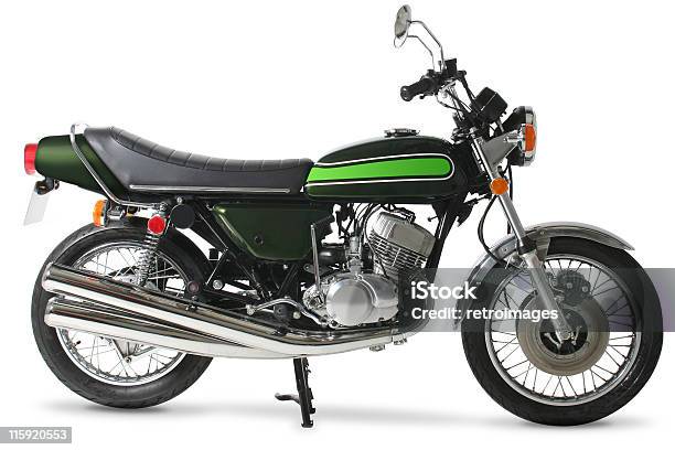 Classic Retro 1970s Japanese Motorcycle In Studio Stock Photo - Download Image Now - Motorcycle, Cut Out, Retro Style