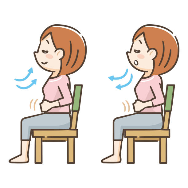 Young woman sitting in a chair and taking a deep breath vector art illustration