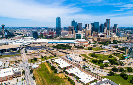 Aerial Drone view Afternoon Sunny day in Dallas Texas overlooking Skyline Cityscape Downtown towers urban concrete 2019