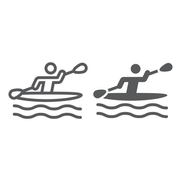 illustrazioni stock, clip art, cartoni animati e icone di tendenza di uomo kayak linea e glifo icona, sport e canottaggio, segno di canoa, grafica vettoriale, un modello lineare su uno sfondo bianco. - silhouette kayaking kayak action