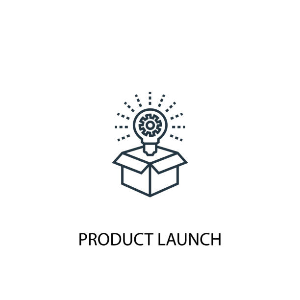 produkt-launch-konzept-linie-symbol. einfache element-illustration. produkteinführungskonzept umrisssymboldesign aus crowdfunding-set. kann für web und mobile ui/ux verwendet werden - releasing stock-grafiken, -clipart, -cartoons und -symbole