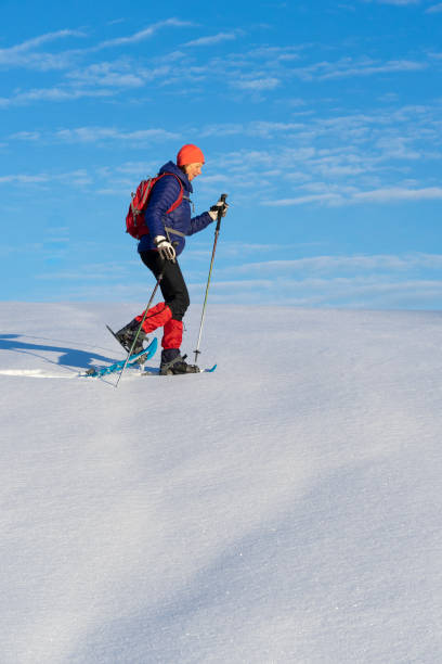 neve que ferrar nos alpes de allgau, bavaria - snowshoeing snowshoe women shoe - fotografias e filmes do acervo