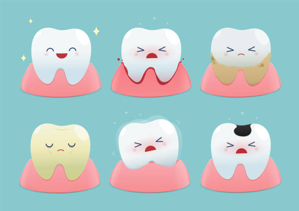 zestaw uroczych małych zębów na niebieskim tle - całkowite problemy zdrowotne i stomatologiczne - ilustracja i projekt wektorowy - wobbly stock illustrations