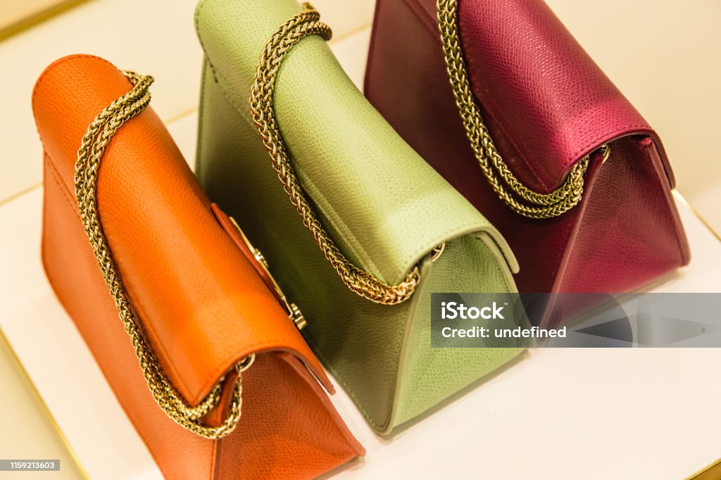 color women bag display on white background colorful women bag display on white background Purse Stock Photo