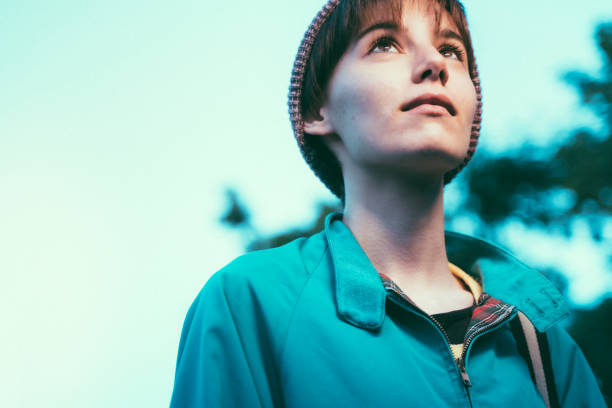 Cool young woman near Glories square in Barcelona stock photo