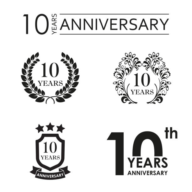ilustrações, clipart, desenhos animados e ícones de 10 anos de aniversário set. emblema do ícone do aniversário ou coleção da etiqueta. 10 anos de celebração e felicação elemento de design. ilustração do vetor. - 2609