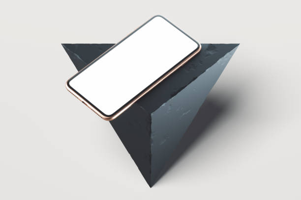 istock Modern blank mobile phone on geometric triangle stone figure. 3d rendering. 1159215829