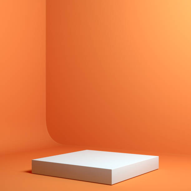 istock Modern Showcase with empty space on pedestal on orange background. 3d rendering. 1159216597