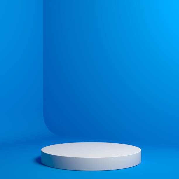 istock Modern Showcase with empty space on pedestal on blue background. 3d rendering. 1159216601