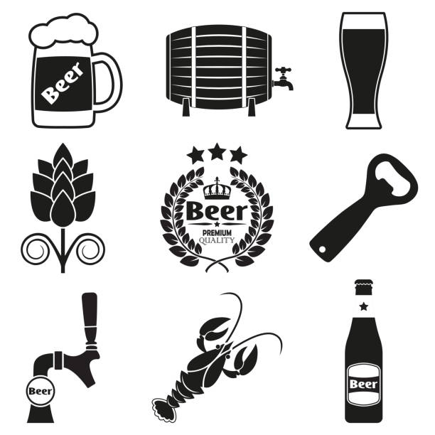 illustrations, cliparts, dessins animés et icônes de icône de bière avec bouteille de bière, robinet, ouvreur, tasse. illustration de vecteur. - 2653